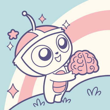 Astronaut alien character holding brain outdoors.