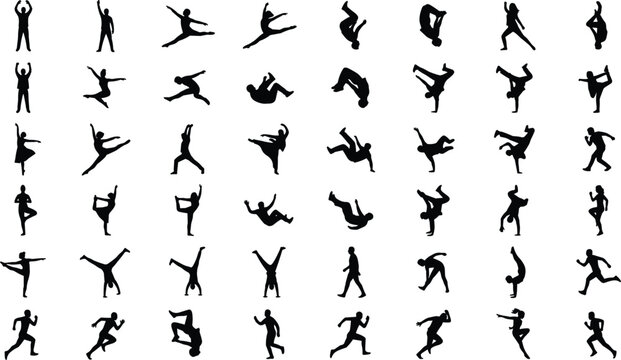 Dance and Acrobat Silhouette Vector Collection Featuring Ballet Breakdance Gymnastics Yoga and Dynamic Human Action Poses