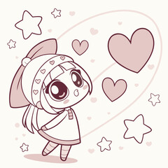 cute anime girl looking up at heart and stars.