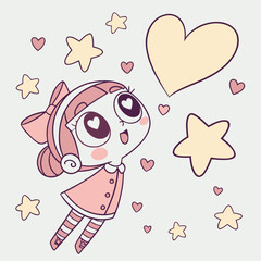 cute anime girl with heart shaped eyes looking up.