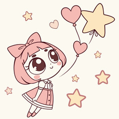 cute anime girl flying with heart and star balloons.