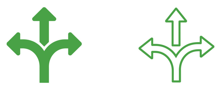 Diverging arrow icon featuring three paths from one point for strategy, choices, and direction concepts.