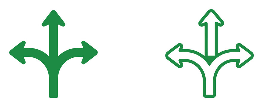 Three diverging arrows from a single point symbolizing choice, decision-making, strategy, and multiple future directions.