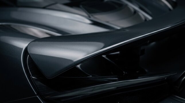 Close-up of a metallic grey rear spoiler on a high-performance supercar, showing the aerodynamic curved edge, polished paint finish, and carbon fiber details in the background.