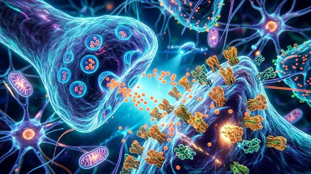 Synaptic transmission between neurons in the human brain.