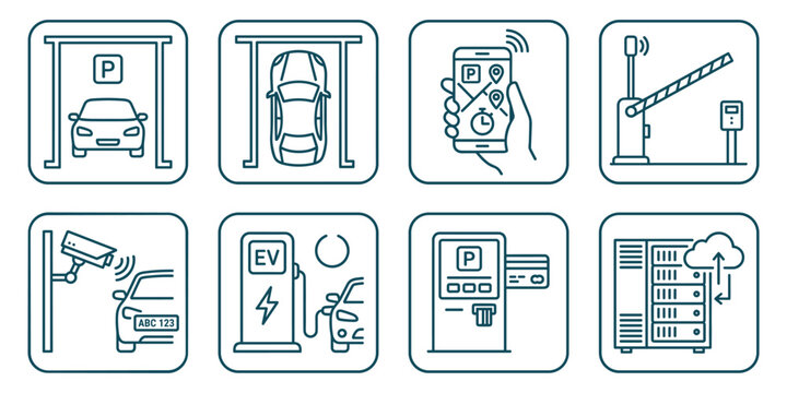 Smart parking system with various line icons representing automated car park solutions.