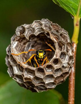 A wasp in a nest with a honeycomb pattern