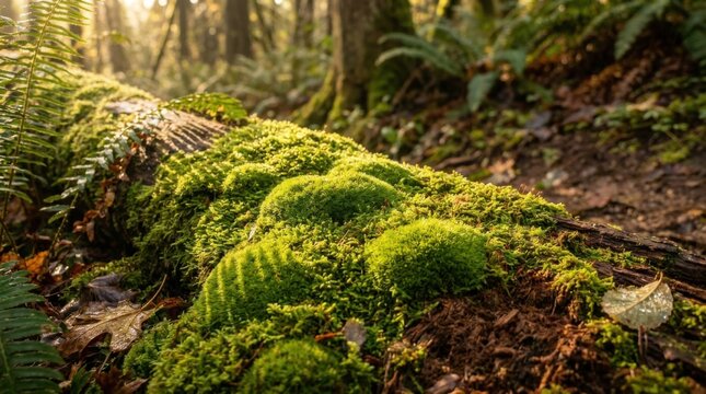 Vibrant green moss growing on a fallen decaying log in a temperate forest floor, illuminated by warm sunlight with ferns and dead autumn leaves in a soft-focus woodland setting.