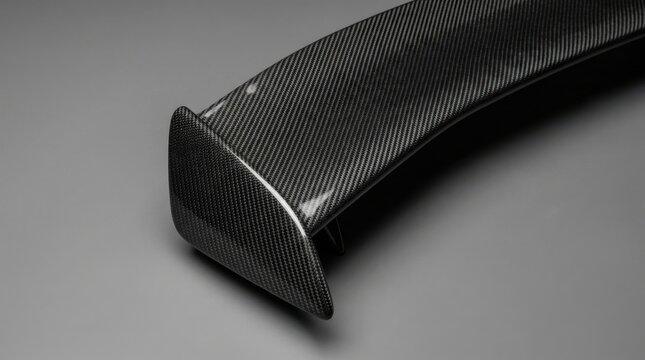 Detailed close-up of a high-performance glossy carbon fiber rear wing spoiler featuring a distinct twill weave texture and aerodynamic end plate design on a neutral background.