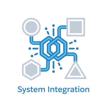 Integration framework icon, circuit core with connected shapes, interoperability concept, software workshop, data engineering seminar, vector illustration