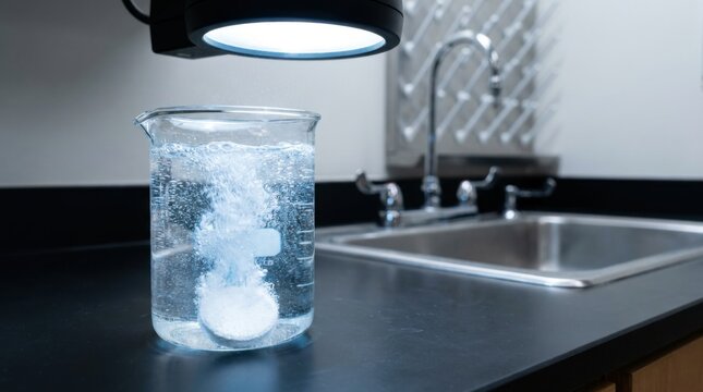 White effervescent tablet dissolving in a glass beaker of water on a laboratory counter, producing rising bubbles under bright light with a blurred background sink and faucet.