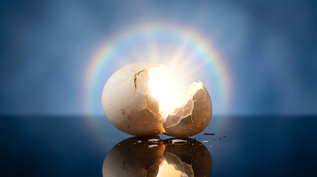 Luminous light bursting from cracked egg shell with vibrant rainbow halo against blue surface