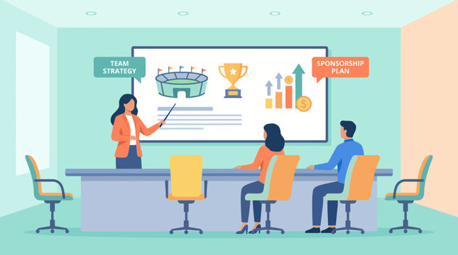 Business team discussing sports marketing strategy and sponsorship plan in a modern office meeting, aiming for growth and success.