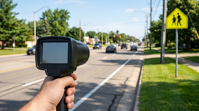 Hand holding speed radar gun on city road near school zone crossing sign