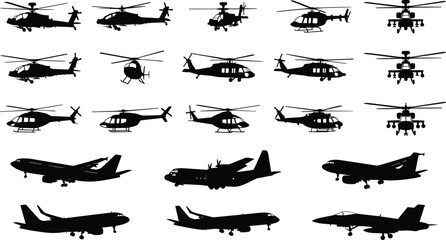 Fototapeta premium Helicopter and airplane silhouette vector collection featuring military aircraft transport aviation and jet icons set