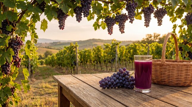 Fresh grape juice on a wooden table in a vineyard at sunset with lush green leaves and purple grapes