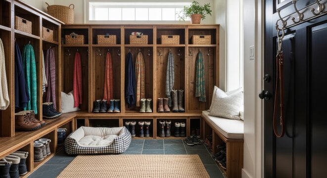 A mudroom with built-in cubbies filled with boots and scarves, a dog's leash hanging by the door. A practical, organized, and welcoming entry point.