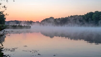 Fototapeta premium Misty Sunrise Over Tranquil Lake Reflecting Soft Hues of Dawn.