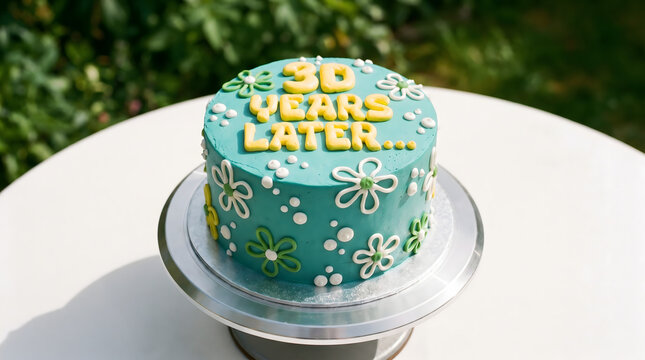 A custom teal birthday cake featuring the text thirty years later and floral decorations sits on a silver stand in a garden setting.