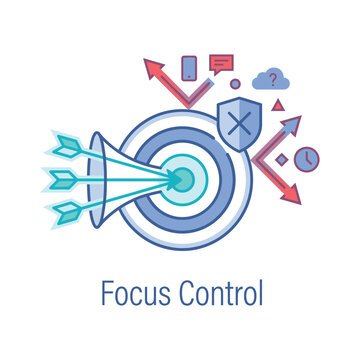 Focus control icon, arrows hitting target with surrounding tasks, attention strategy seminar, priority management session, deep work workshop, vector illustration