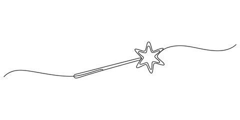 Minimalist star wand line art, simple magic symbol, black outline icon, whimsical illustration © SHANTO