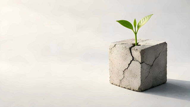 Green sprout emerging from a cracked concrete cube