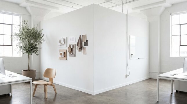 White open space office corner with mock up wall