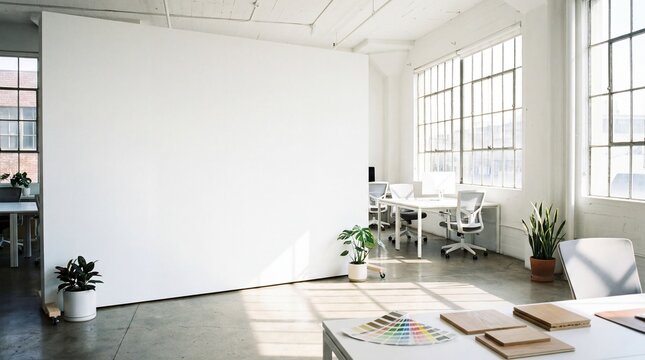 White open space office corner with mock up wall