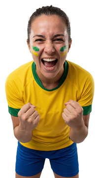 Triumphant Sports Fan: A passionate female sports enthusiast roars with elation, her face painted with the vibrant colors of Brazil's flag, embodying pure joy and spirited support.