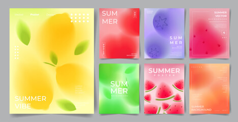 Summer Gradient Creative poster Set. Abstract Vector Blur Flyers with Colourful Gradients and Blurred Summer Fruit Berries. Collection of Grainy Backgrounds for Summer Events ads branding cover sale. © T. Lusin