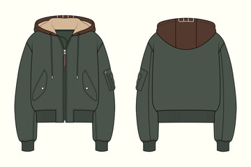 Women's Hooded Padded Shell and Shearling Bomber Jacket Fashion Flat Sketch CAD Mockup © MdAmirul