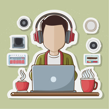 Person with Headphones Working on Laptop with Coffee and Music Gear