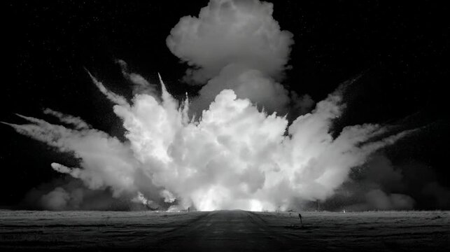 Black and white image of dramatic large explosion with smoke and illuminated cloud