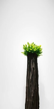 Exuberant emerald foliage crown bursts forth on a robust bark column, a sculpted silhouette against pure white expanse, captured with spirited upward tilt,  stylized,  high-key