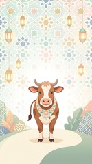 Naklejka premium Eid al Adha Greeting Card with Cute Cow and Islamic Pattern