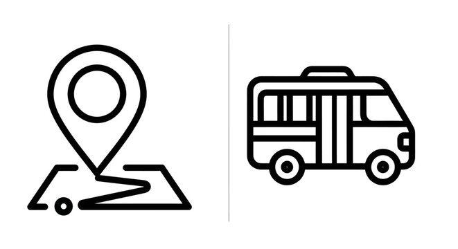 Location pin on map path and small bus icons for urban transportation