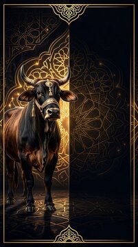 Majestic Bull Portrait for Idul Adha Celebration with Gold Accents