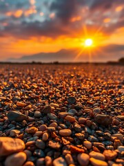 Obraz premium Sun-drenched pebbles shimmer, a granular mosaic under an intense, jewel-toned sky, extreme detail, pebbles, abstract