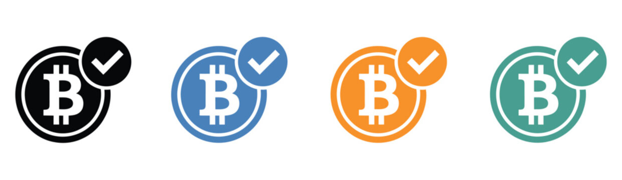 Bitcoin icon set with check mark symbols for approved crypto payments and digital currency transactions.