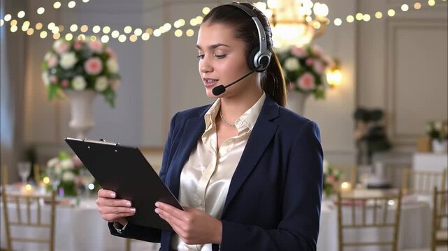 Caucasian woman event planner with headset and clipboard supervising wedding reception in decorated hall. Professional organization and hospitality management banner