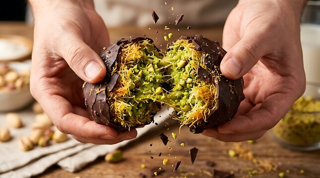 Macro Snap of Dubai Marshmallow Chewy Chocolate Ball with Crunchy Pistachio Kunafa Filling