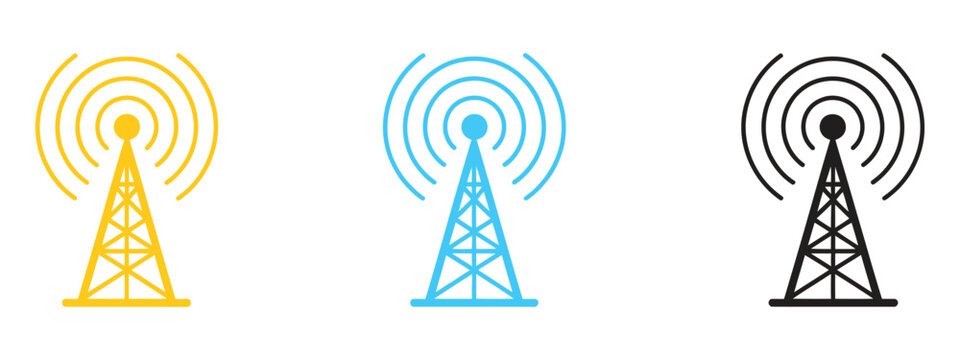 Cell tower icons in orange, blue, and black for wireless communication and signal network concepts.