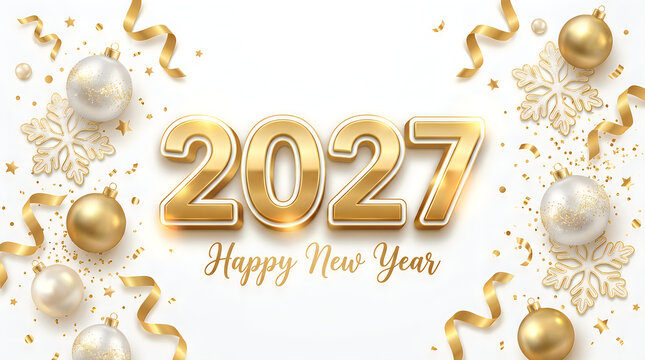 Golden 2027 new year celebration with ornaments and confetti