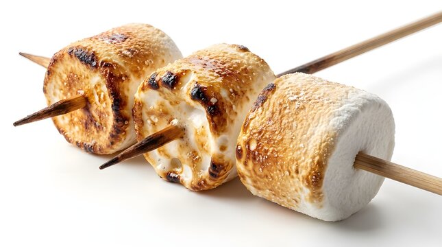 Golden Toasted Marshmallows on Skewers Isolated on White