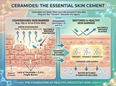 Ceramides Skin Barrier Restoration Infographic &mdash; Compromised vs Healthy Stratum Corneum Scientific Diagram"
