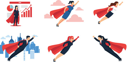 Business superhero characters set featuring men and women in capes flying over city and presenting financial growth charts © Md