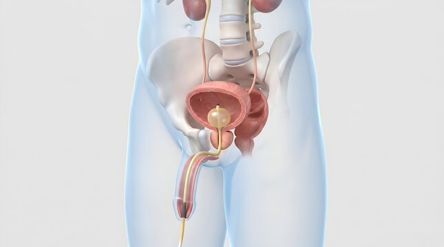 Medical 3D Illustration of Male Urinary System and Bladder Catheter Procedure