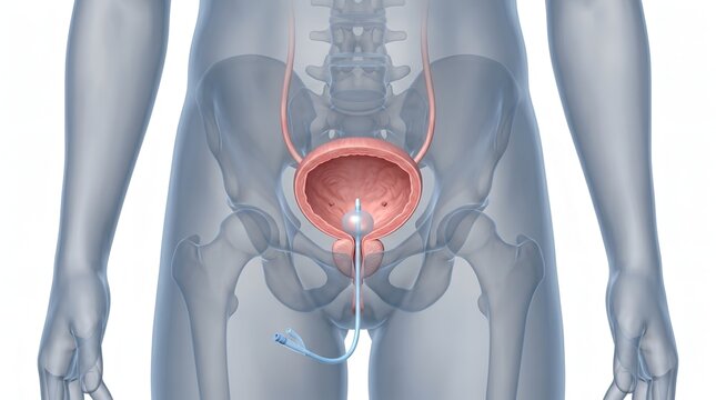 Anatomical Human Body Diagram with Urinary Catheter Balloon Inserted into Bladder