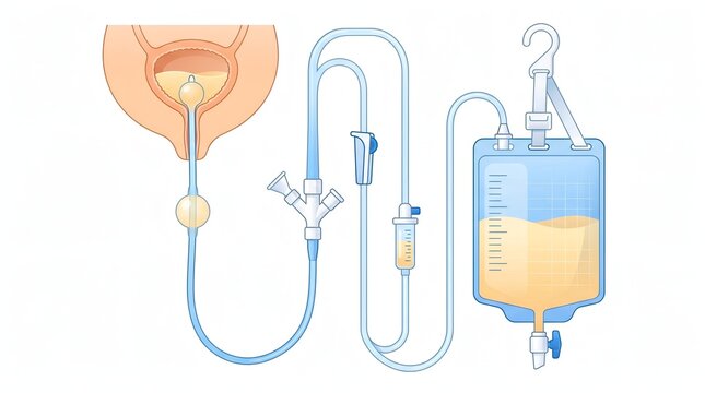 Medical illustration of a urinary catheter system with bladder and drainage bag for patient care education