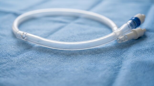 Medical Urinary Catheter Foley Tube Macro Shot on Blue Sterilized Surgical Fabric Drape